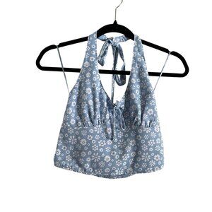 Hollister Women S Blue Floral Y2K Boho Festival Tie Front Halter Crop Tank Top
